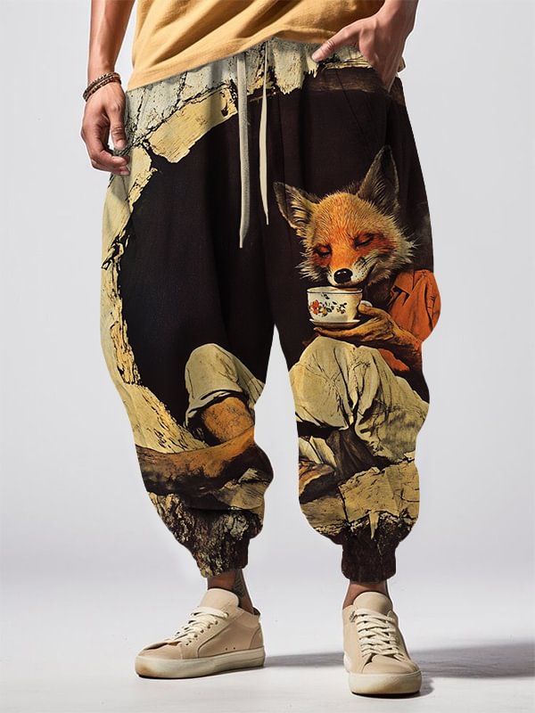 Men's Fox Drinking Tea In The Forest Print Loose Drawstring Waist Sweatpants