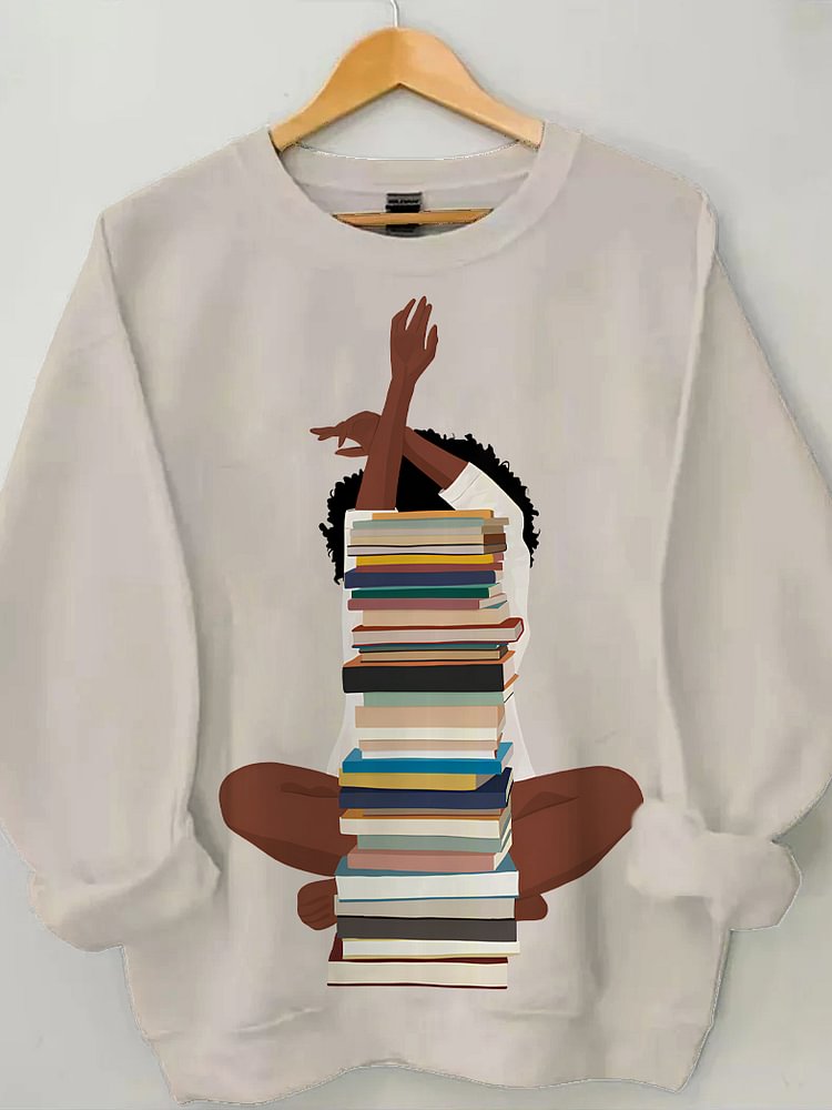 Women's Reading Lover Graphic Print Cotton Long Sleeve T-Shirt Thin Sweatshirt