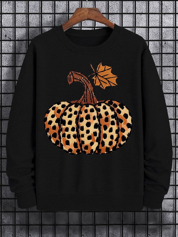 Men's Pumpkin Leopard Embroidery Print Cotton Casual Sweatshirt