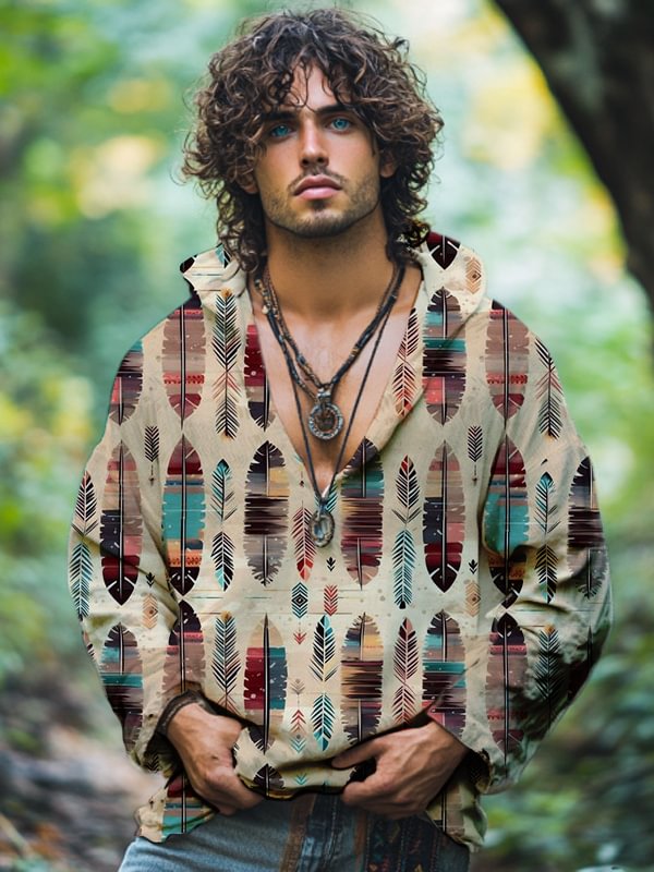 Men's Retro Geometric Feather Tribe Art Print Hooded Shirt
