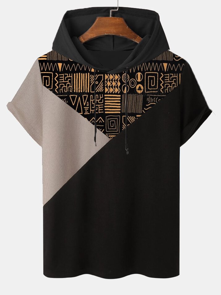 Men's Colorblock Retro African Traditional Patterns Hooded T-Shirt