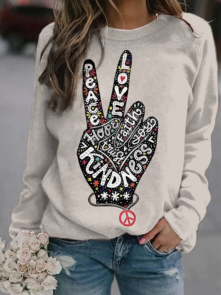 Women's Peace Love Hope Faith Joy Kindness Print Cotton Long Sleeve T-Shirt Thin Sweatshirt