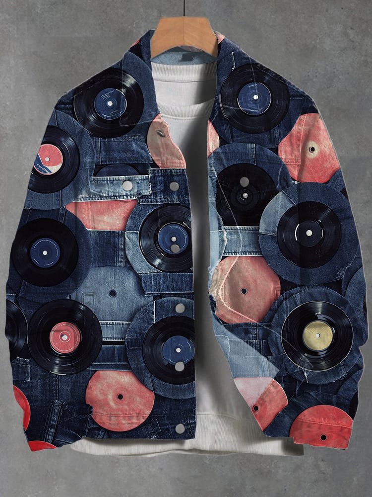 Men's Retro Vinyl Records Print Denim-Like Long Sleeve Shirt