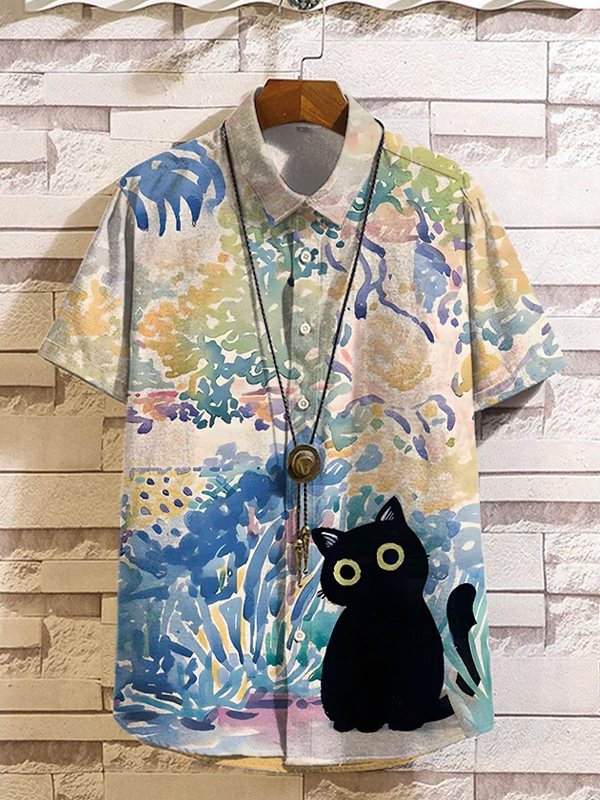 Men's Cat Garden Watercolor Art Print Casual Linen Blend Shirt