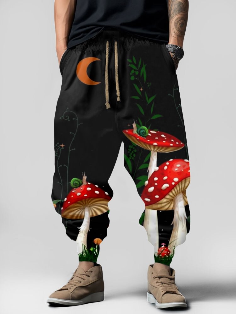 Men's Hippie Moon Mushrooms Art Printed Casual Loose Sweatpants