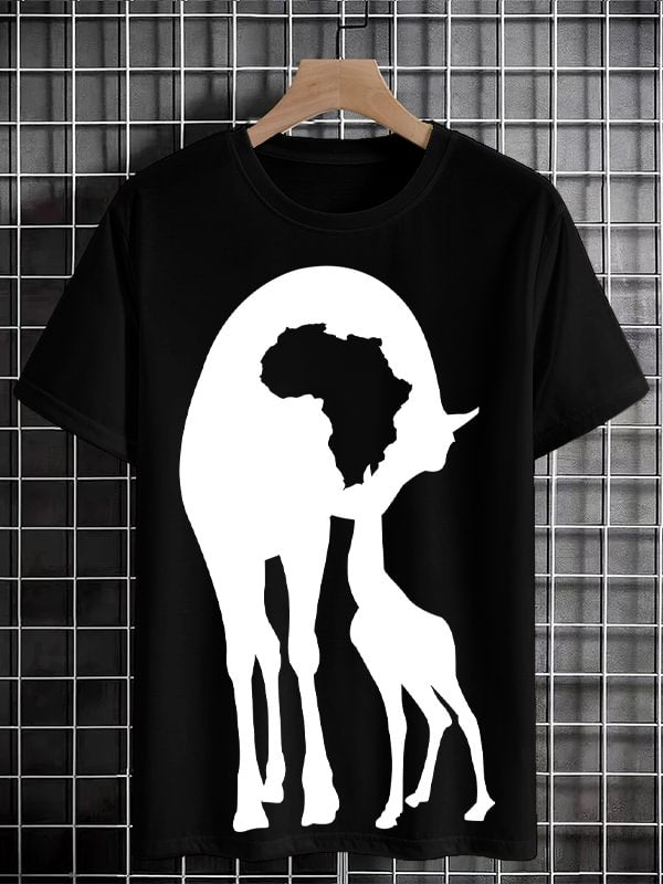 Men's Retro Cute Giraffe Africa Map Silhouette Print Cotton Casual T-Shirt