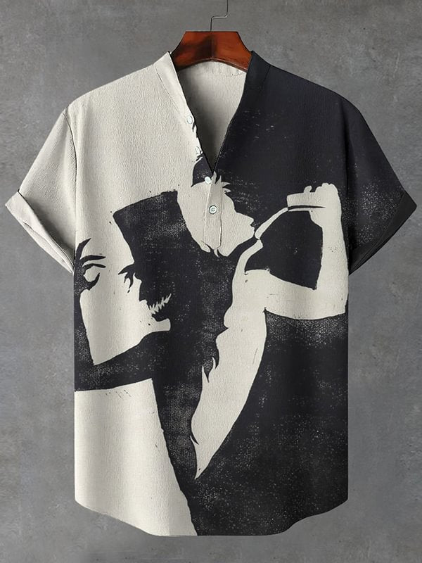 Men's Horror Death Devil Color Block Art Print Half Button Linen Blend Shirt