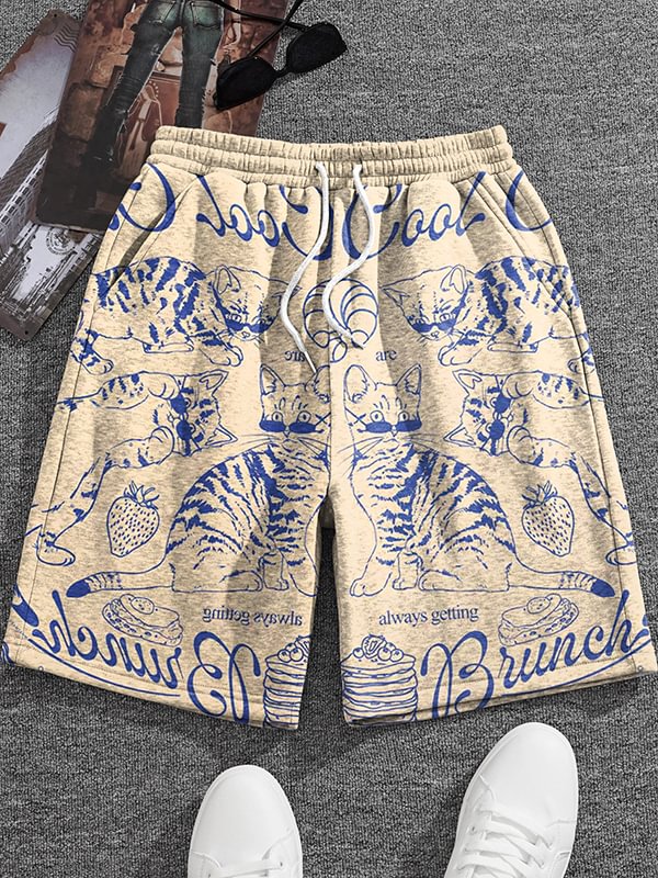 Men's Cool Cat Graffiti Food Art Print Casual Shorts