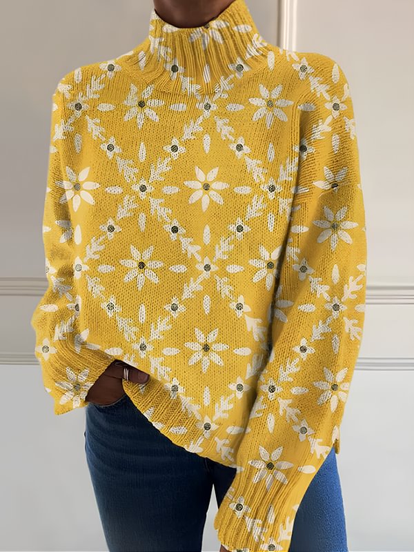 Women's Chrysanthemum Flower Print High Neck Knit Sweatshirt