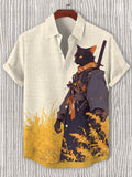 Men's Mysterious Kimono Cat Samurai In Golden Fields Art Print Casual Shirt