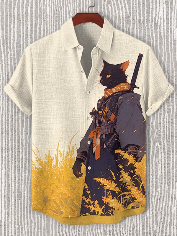 Men's Mysterious Kimono Cat Samurai In Golden Fields Art Print Casual Shirt