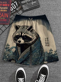 Men's Japanese Art Raccoon Rough Sea Waves Print Drawstring Shorts