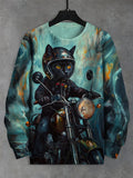 Men's Black Cat Riding A Motorcycle Art Print Casual Sweatshirt