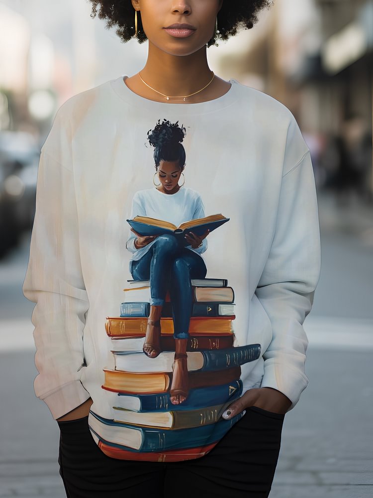 Women's Reading Lover Girl Reading Print Casual Sweatshirt