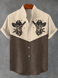 Men's Western Contrast Color Chihuahua Cowboy Print Linen Blend Shirt