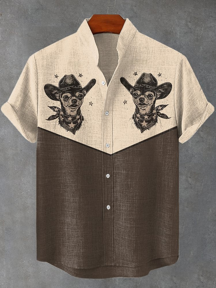 Men's Western Contrast Color Chihuahua Cowboy Print Linen Blend Shirt
