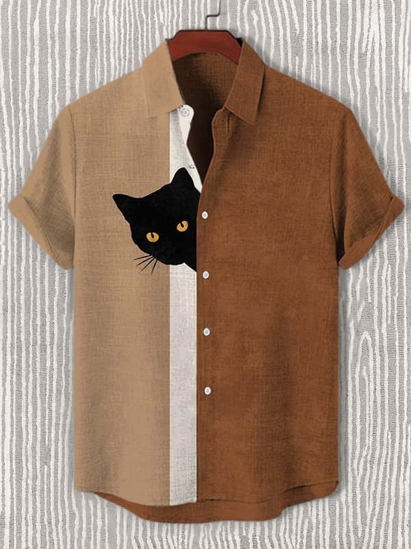 Men's Fun Hide And Seek Black Cat Print Print Casual Shirt
