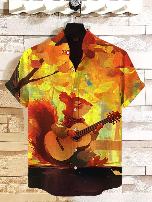 Men's Autumn Squirrel Playing Guitar Art Print Casual Shirt