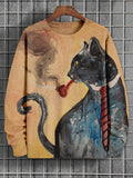 Men's Suit Cat Smoking A Pipe Art Print Casual Sweatshirt