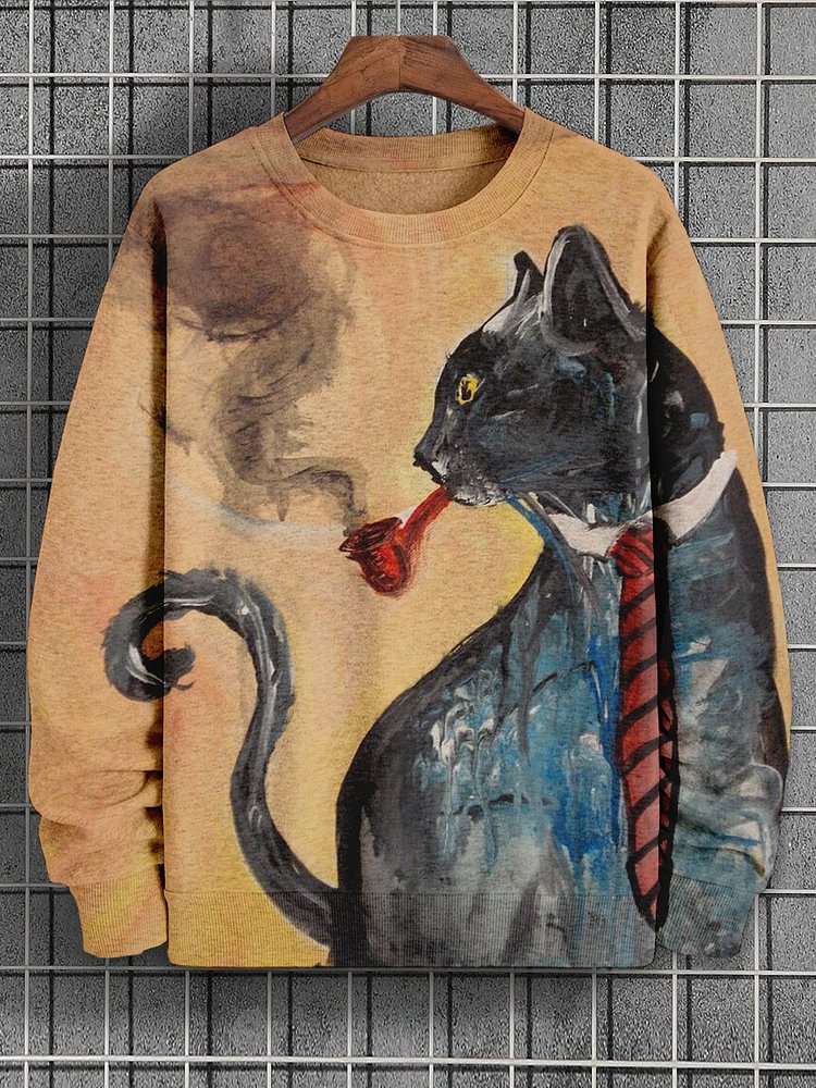 Men's Suit Cat Smoking A Pipe Art Print Casual Sweatshirt