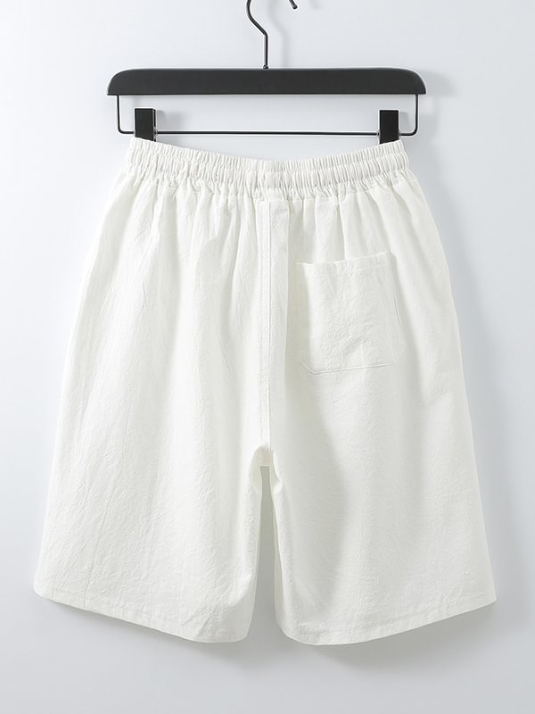 Men's Drawstring Elastic Waist Pockets Solid Color Cotton Linen Shorts