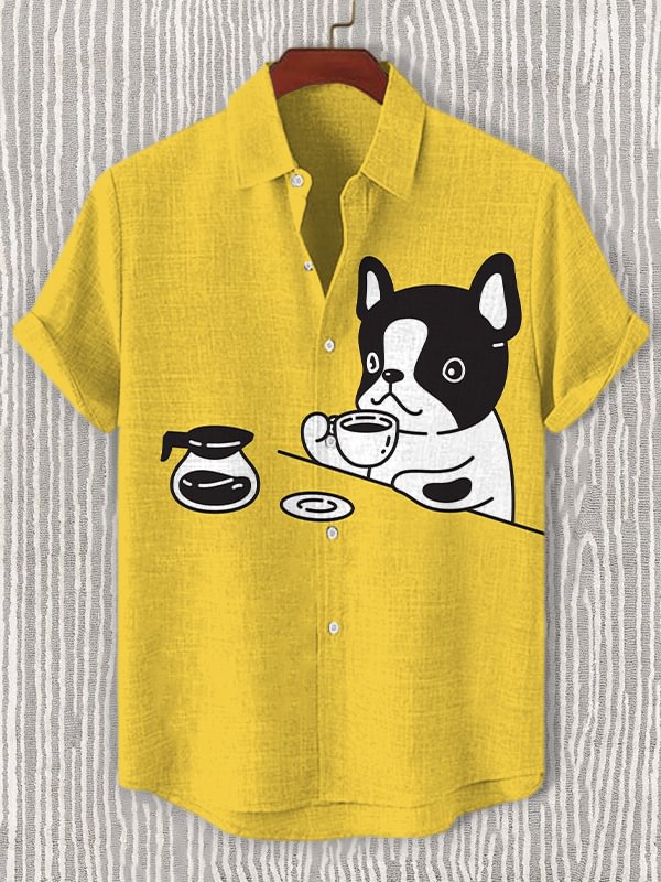 Men's Coffee And Dog Art Print Casual Shirt