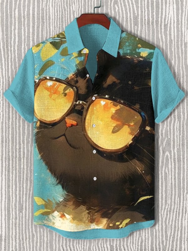 Men's Sunglasses Cat Enjoying The Summer Sun Art Print Short Sleeve Shirt