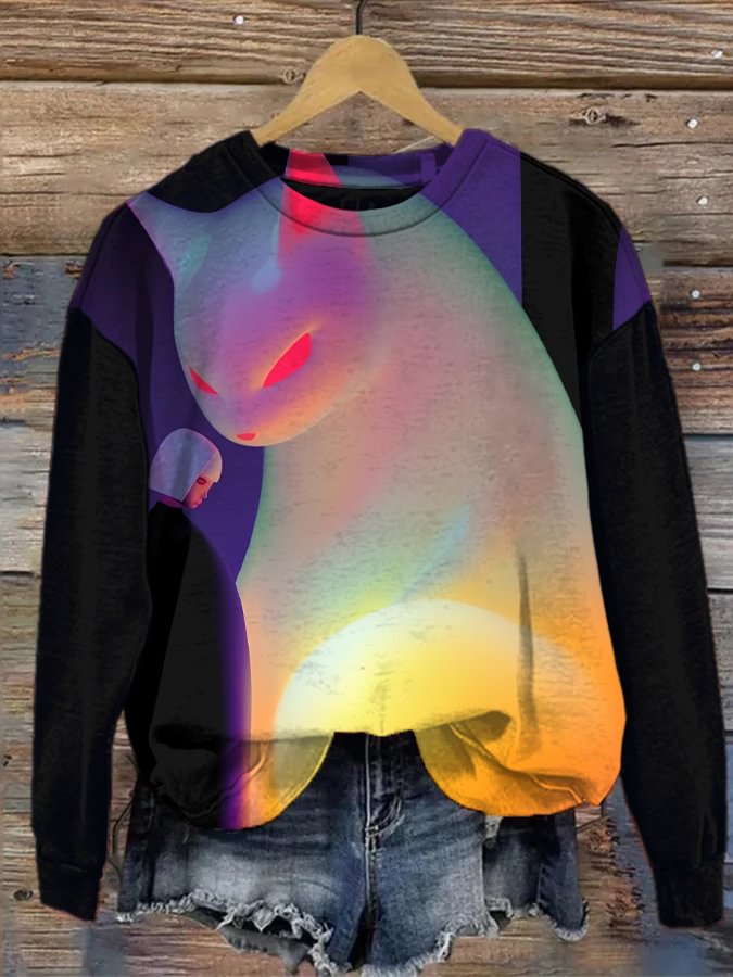 Women's White Cat And Cartoon Anime Girl Art Print Casual Sweatshirt