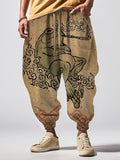 Men's Japanese Retro Smoking Frog Art Painting Loose Drawstring Waist Sweatpants