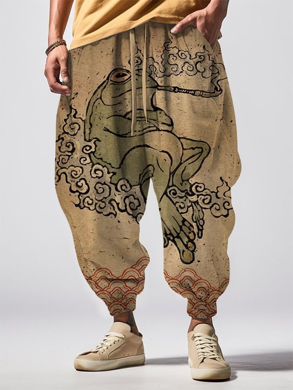 Men's Japanese Retro Smoking Frog Art Painting Loose Drawstring Waist Sweatpants