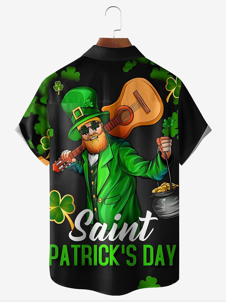 Men's Saint Patrick's Day Guitar Clover Print Short Sleeve Shirt