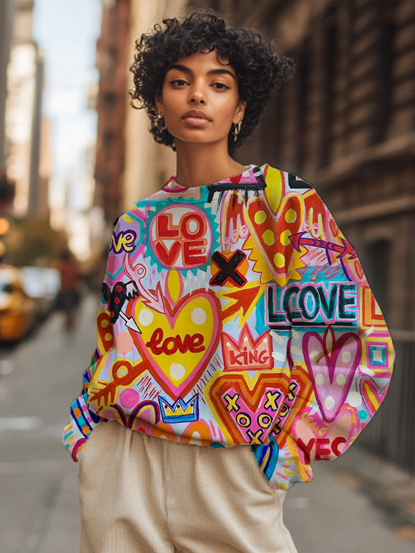 Women's Love King Graffiti Valentine's Day All Over Print Casual Sweatshirt