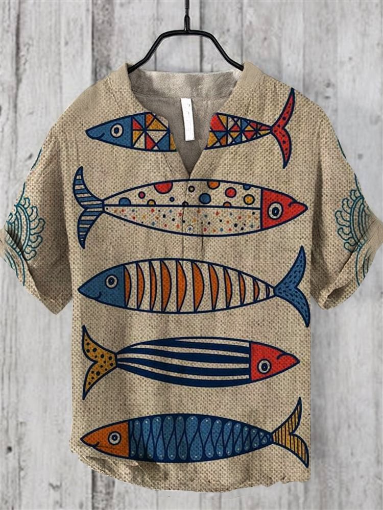 Men's Vintage Fish Geometric Abstract Art Printed Half Button Linen Blend Shirt