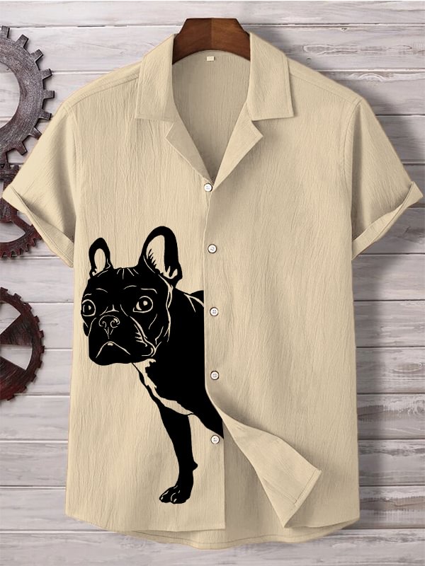 Men's Peekaboo French Bulldog Print Casual Linen Blend Shirt