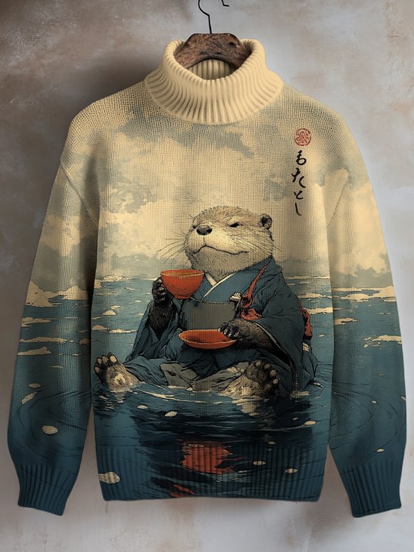 Men's River Kimono Otter Tasting Tea Japanese Art Print High Neck Knit Sweatshirt