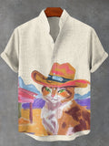 Men's Retro Western Cat Cowboy Watercolor Print Linen Blend Shirt
