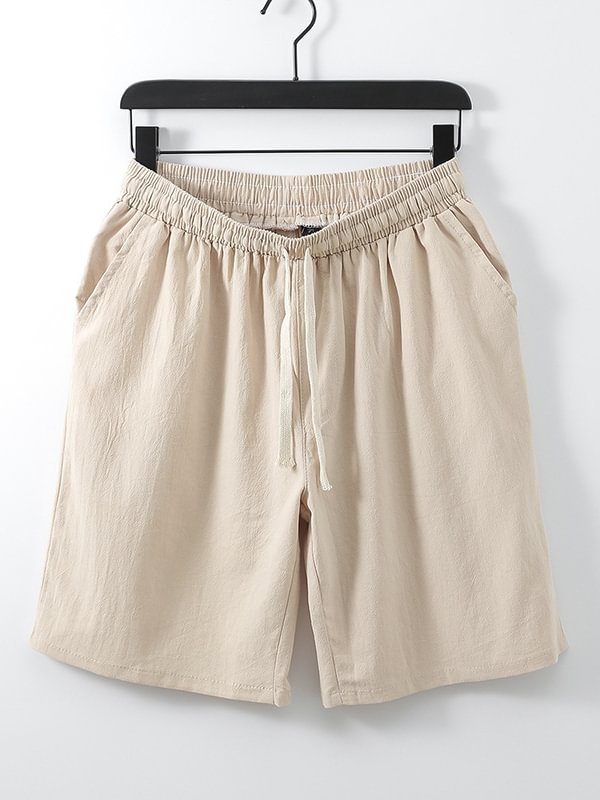 Men's Drawstring Elastic Waist Pockets Solid Color Cotton Linen Shorts