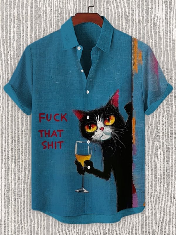 Men's Black Cat Cocktail Fuck That Shit Print Linen Blend Shirt
