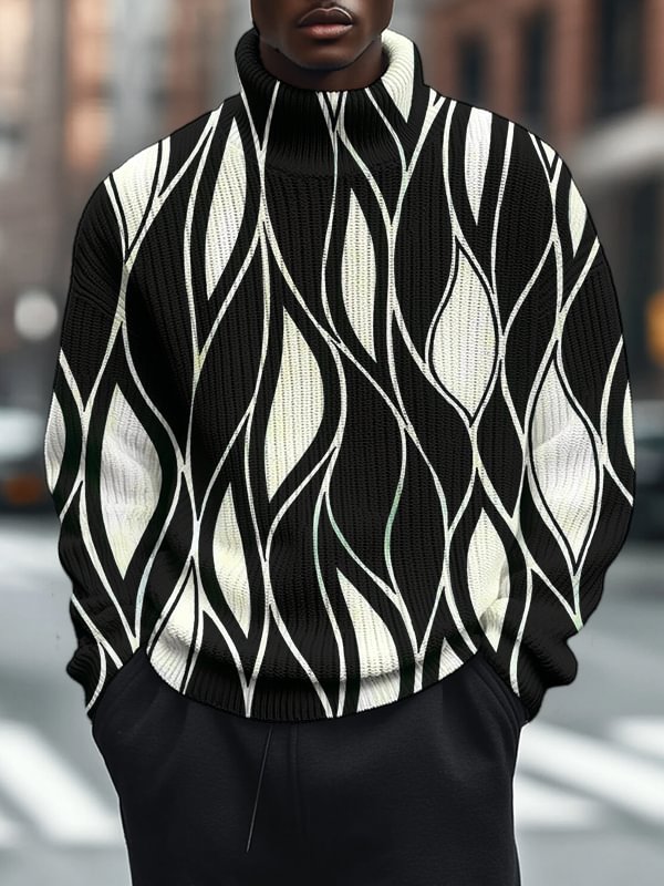 Men's Line Modern Abstract Art Print High Neck Knit Sweatshirt