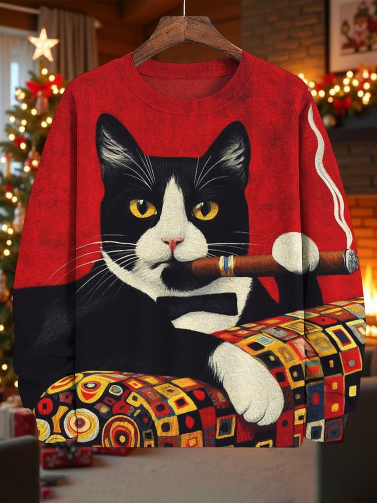Men's Cat Smoking Cigar Art Print Casual Sweatshirt