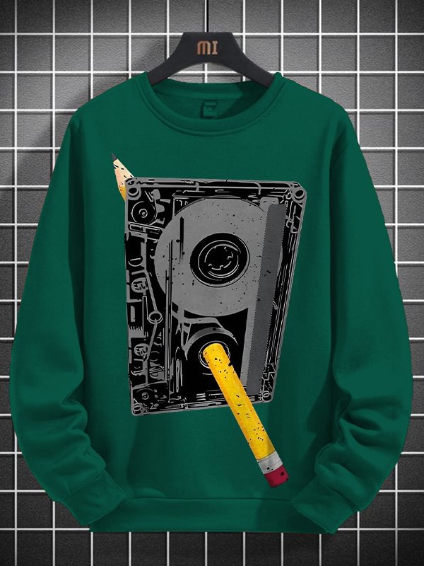 Men's Cassette Tape And Pencil Retro Art Print Cotton Long Sleeve T-Shirt Thin Sweatshirt