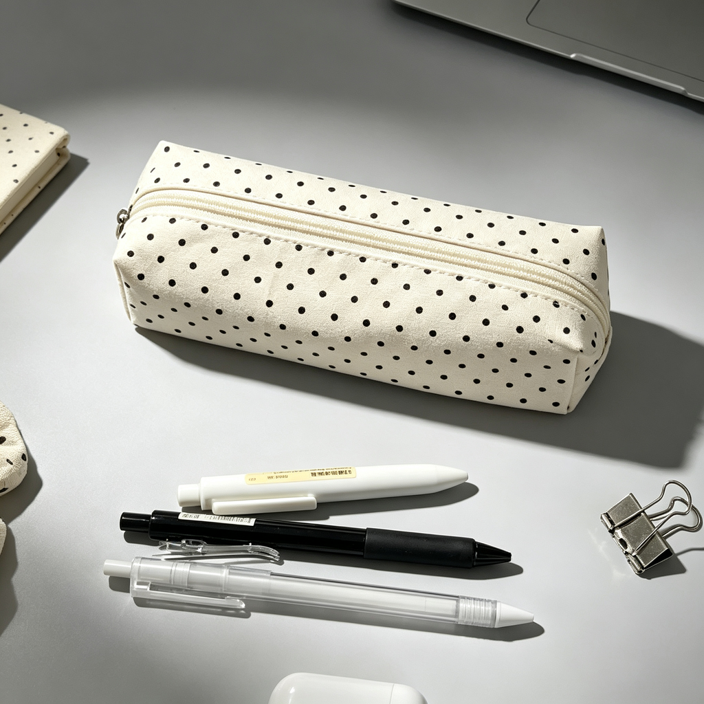 Canvas Polka Dot Pencil Case - Korean Style, Simple, High-Aesthetic Stationery Pouch for Middle/High School Girls