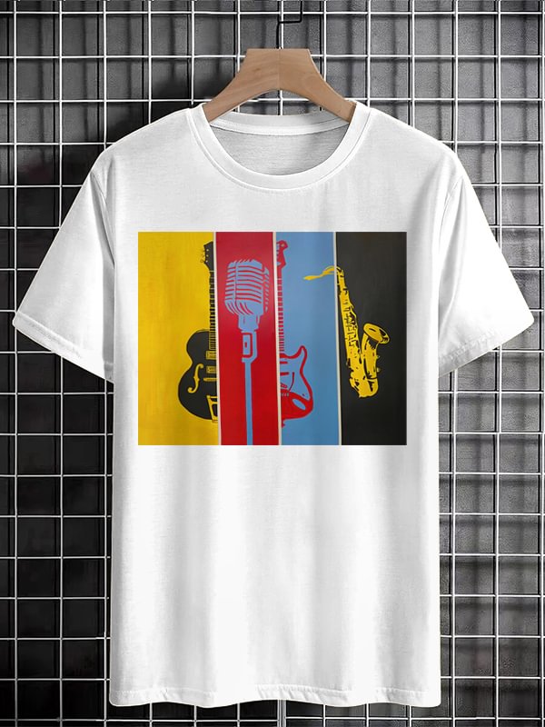 Men's Guitar Microphone Saxophone Color Block Print Cotton Casual T-Shirt