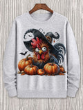 Men's Halloween Funny Rooster Witch Hat Pumpkins Print Casual Sweatshirt