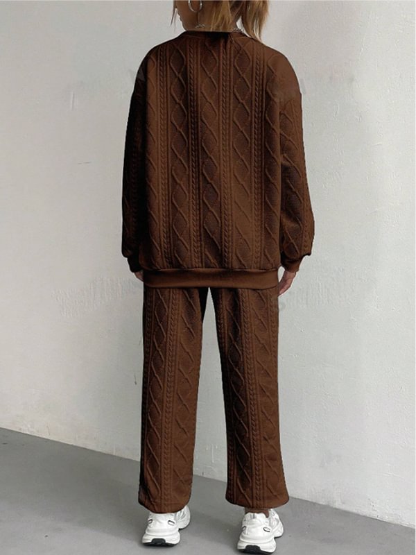 Women's Casual Solid Jacquard Textured Long Sleeve Sweatshirt Pants Matching Set