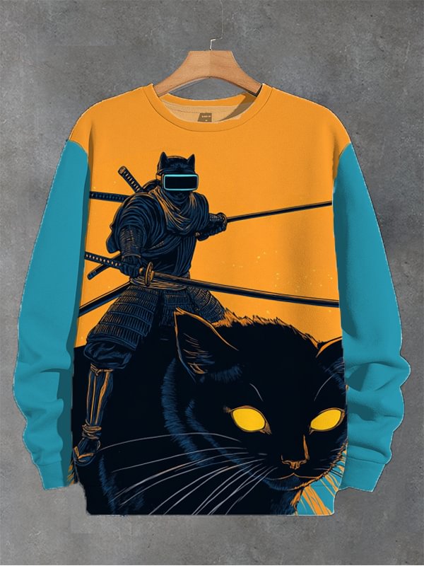 Men's Giant Cat Japanese Samurai Print Casual Sweatshirt