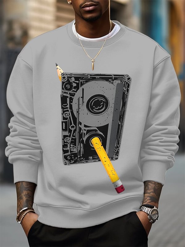 Men's Cassette Tape And Pencil Retro Art Print Cotton Casual Sweatshirt
