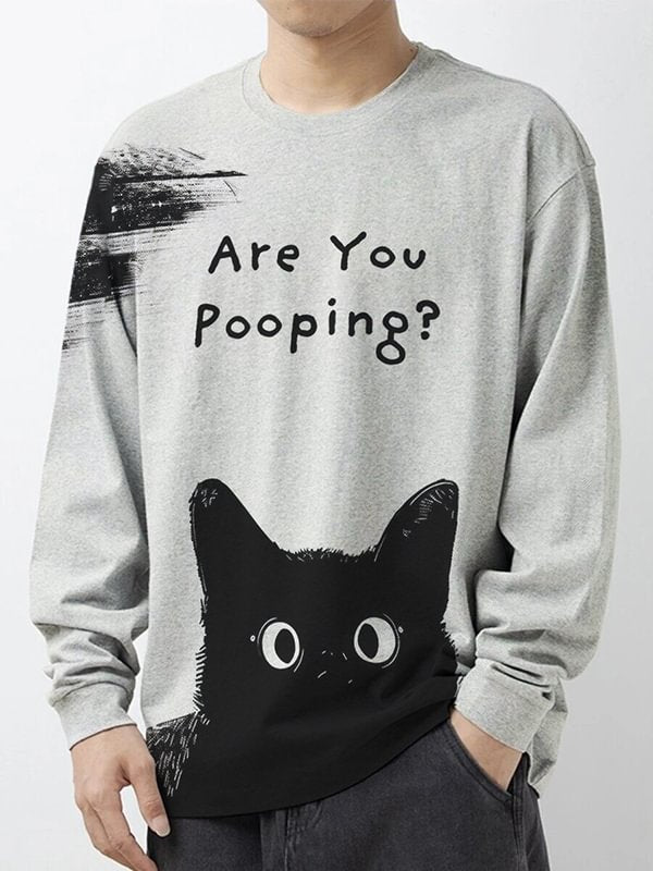 Men's Are You Pooping Black Cat Graphic Print Long Sleeve T-Shirt