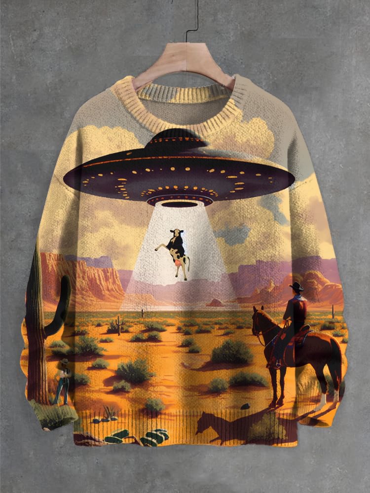 Men's Funny Future Sci-Fi Art Retro Cowboy UFO Cow Print Knit Sweatshirt