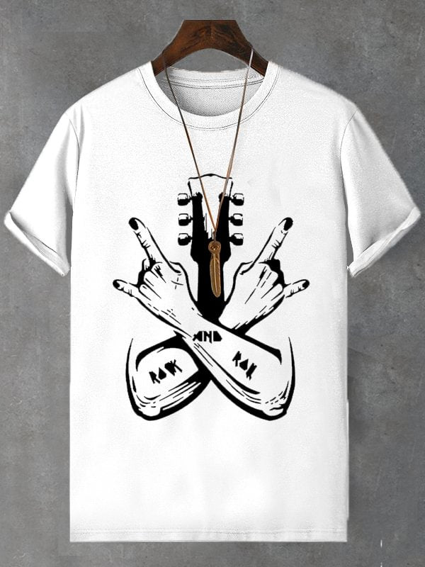 Men's Rock And Roll Guitar Graphic Print Cotton Casual T-Shirt